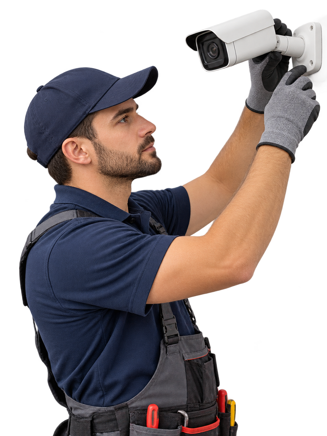 Security technician adjusting surveillance camera